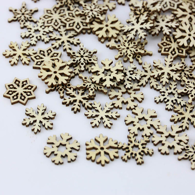 100pcs/pack) 25mm Wooden Shape Snowflakes Mix Christmas Tree Ornaments  Pendants Snowflakes New Year Decor For